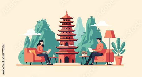 Two people working on laptops next to a pagoda, with mountains in the background