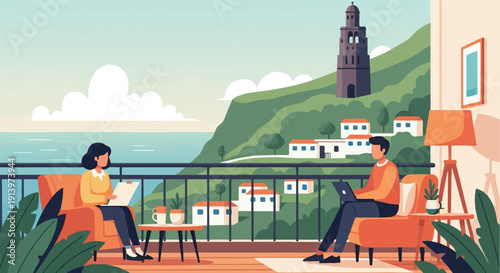 Two people working on laptops on a balcony with a scenic coastal view