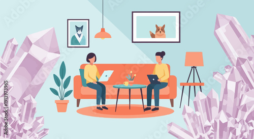 Two people working on laptops on a sofa with large crystals in the room