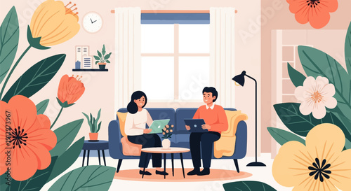 Two people working on laptops on a sofa, surrounded by large floral decorations