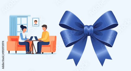 Two people working on laptops on a couch with a blue bow