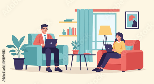 Two people working on laptops while sitting in comfy chairs in a modern living room