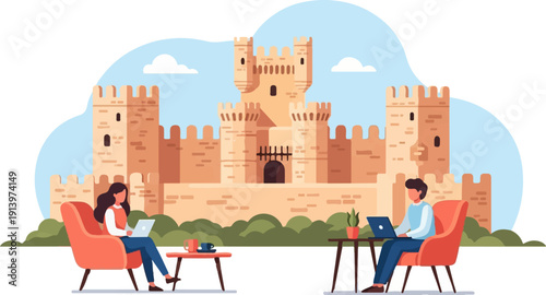 Two people working on laptops with a castle in the background