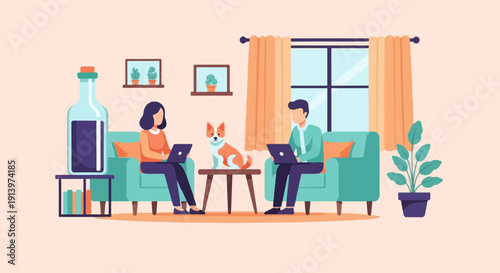 Two people working on laptops with a dog and a drink at home