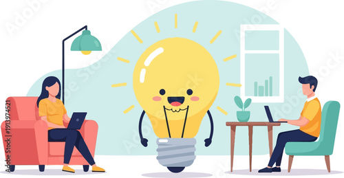 Two people working remotely with a happy lightbulb idea character