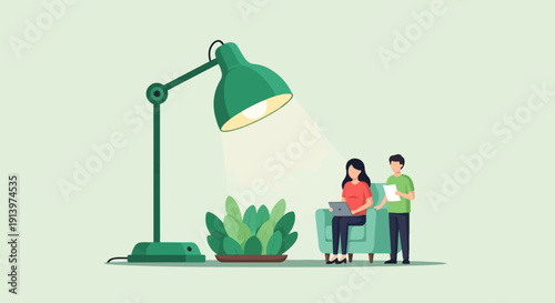 Two people working together under a desk lamp