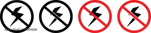 No Flash Photography Icon Set – Prohibited Camera Flash Warning Sign in Black and Red Circle Vector