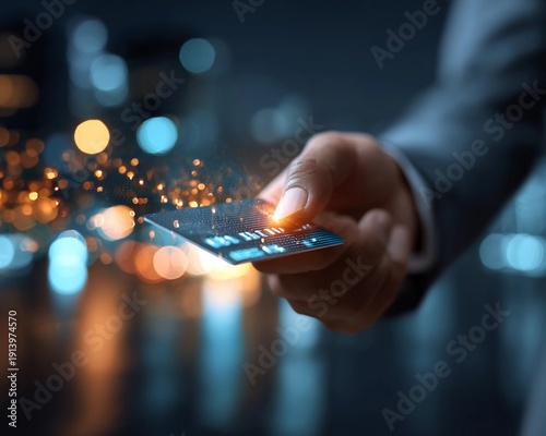 Hand holds credit card with digital effects in city at night showing technology and finance connection