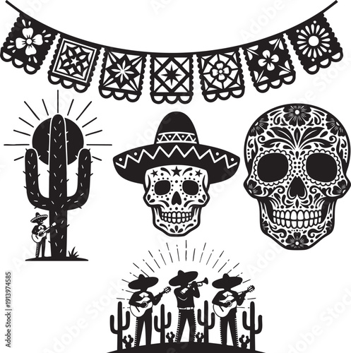 Mexican Sugar Skull, Sombrero and Papel Picado Fiesta Icons Set