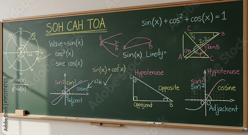 Blackboard with S O H C A H T O A trigonometry equations and diagrams chalkboard