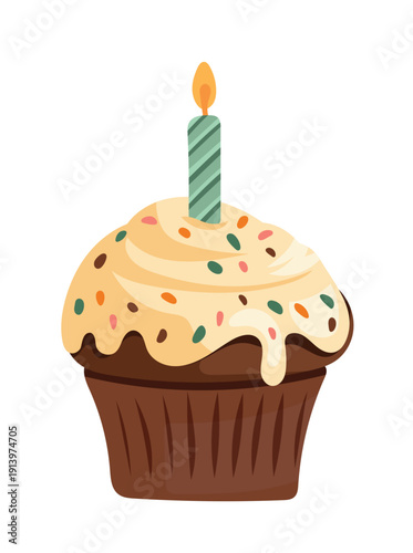 A cute festive cupcake with a candle and colorful sprinkles. Flat vector clipart illustration with an isolated background. Perfect for party invitations, nursery decor, greeting cards, and children's