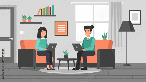 Two professionals working on laptops while sitting on comfortable sofas