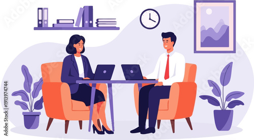 Two professionals work on laptops in a modern office with plants