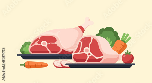 Two raw meat cuts with fresh vegetables on platters