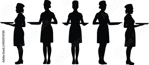 Waitress silhouette collection showing female restaurant servers holding tray in different standing poses, catering and hospitality service staff set isolated on white background.