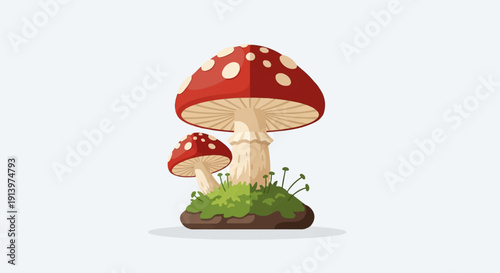 Two red and white spotted mushrooms grow from mossy ground