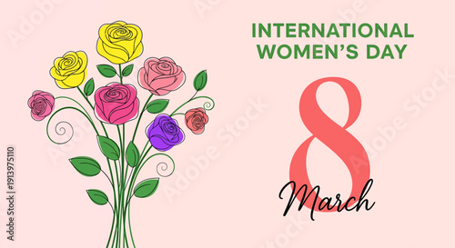 International Womens Day eight March colorful roses bouquet illustration