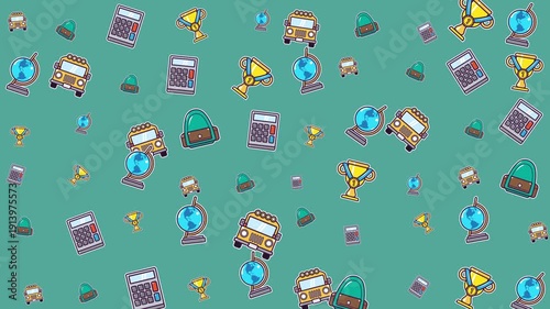 School supplies like globes, buses, calculators, and trophies randomly displayed. Perfect for educational designs, backtoschool promotions, and classroom resources.