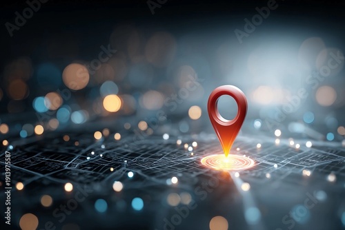 Location marker on a map with lights in a dark setting showing digital navigation concepts