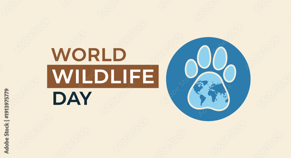 Fototapeta premium World Wildlife Day awareness campaign logo with paw print and globe