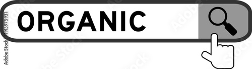 Search banner in word organic with hand over magnifier icon on white background