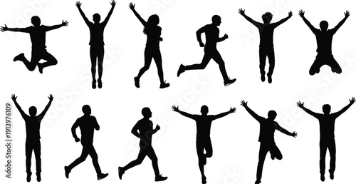 Set of happy people silhouettes jumping, running, and celebrating in energetic poses, active lifestyle and positive emotion concepts, dynamic human actions isolated on white background