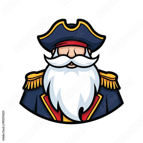 Illustration of a cartoon naval officer with a long white beard and mustache wearing a blue uniform and hat from a front viewpoint