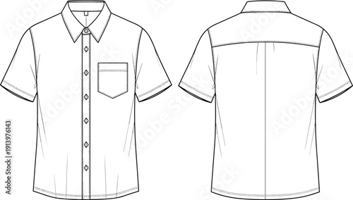 Short sleeve button up shirt technical fashion illustration with front and back views chest pocket vector apparel template