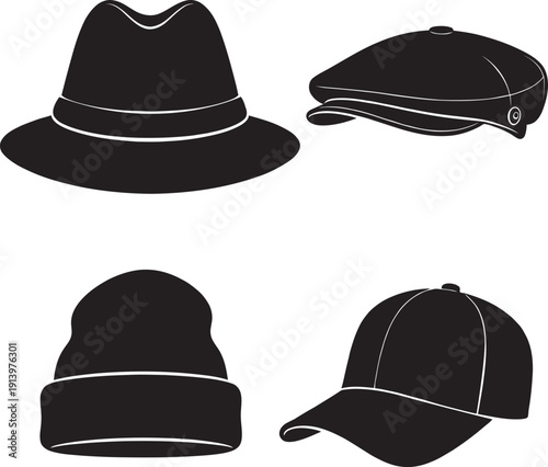 A collection of vector silhouettes featuring various types of hats and caps including baseball caps, beanies, sun hats, and fedoras for graphic design.