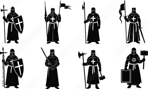 Set of medieval knight silhouettes holding shields, swords, spears, and flags, crusader warriors in different poses, historical armor character icons isolated on white background