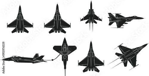 Set of modern military jet fighter silhouettes from multiple angles, combat aircraft collection, aviation defense technology icons isolated on white background illustration