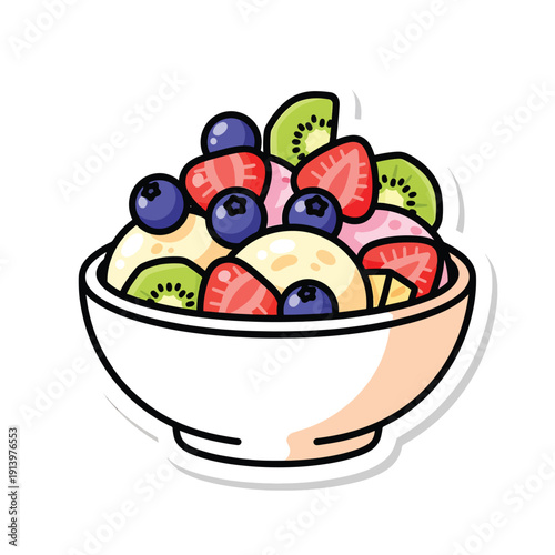 A vibrant bowl of assorted fresh fruits including strawberries, blueberries, and kiwi, beautifully arranged in a bowl, showcasing a healthy snack or dessert option