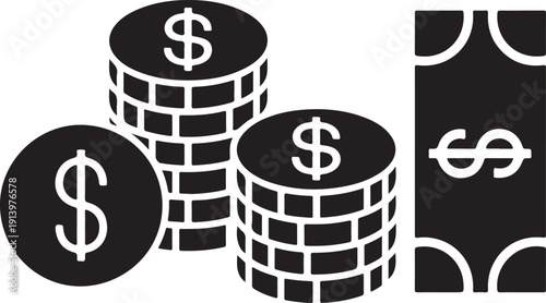black and white icon of dollar coins and euro banknotes