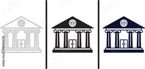 A set of three bank building icons in different colors and styles