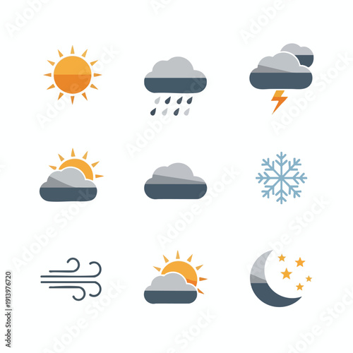 Weather Icon Collection Sun Rain Snow Thunderstorm Cloud Wind and Night Symbols