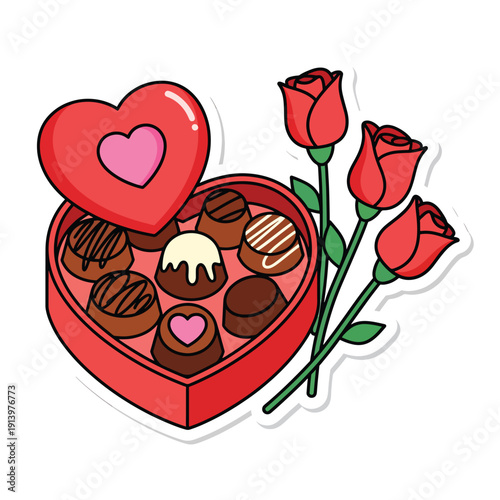 Illustration of a heart-shaped box of chocolates and roses, representing love and romance on Valentine's Day