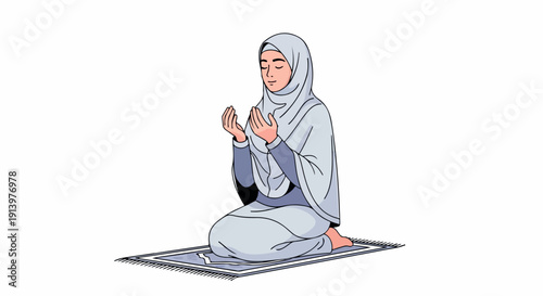 Illustration of a woman wearing a hijab sitting on a prayer mat with hands raised in a serene and peaceful mood against a clean white background.