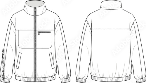 Men’s zip up jacket technical fashion illustration with front and back views utility pockets vector apparel template mockup