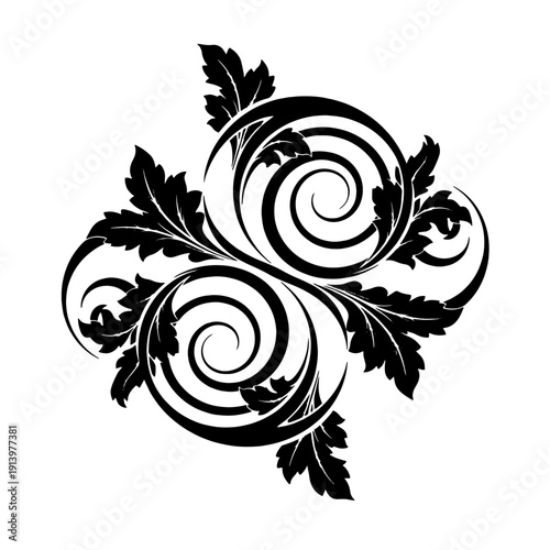 Elegant swirling floral ornament vector illustration asset for sophisticated design projects and decorative graphic elements featuring intricate symmetrical details