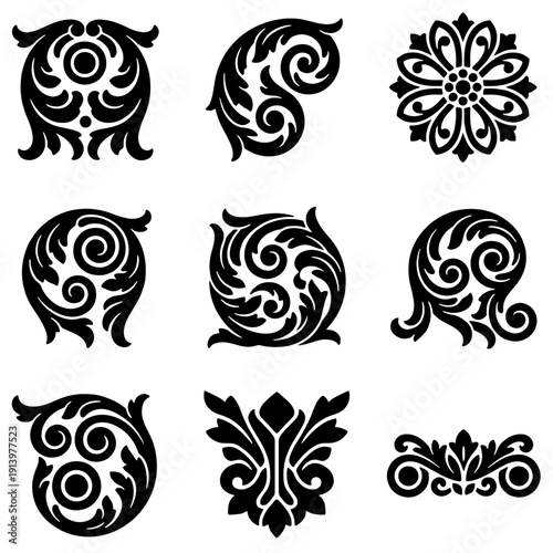 A collection of intricate vintage ornamental scrollwork flourishes, perfect for elegant design projects and classic decor elements in vector format