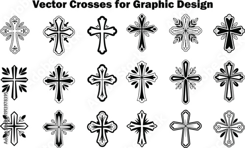A comprehensive set of diverse black and white Christian cross illustrations for various spiritual themes
