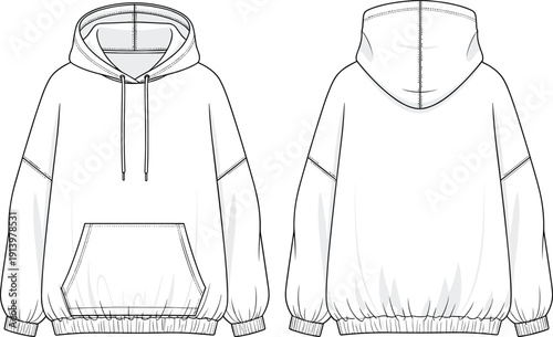 Oversized hoodie technical fashion illustration with front and back views kangaroo pocket and drawstring hood vector template mockup