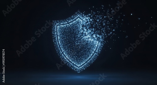 Digital shield icon glowing with cyber security data protection in dark space futuristic technology concept