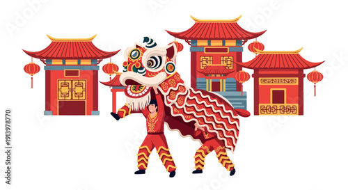 Colorful illustration of a Chinese lion dance performer in traditional costume with ornate buildings and lanterns on a white background.