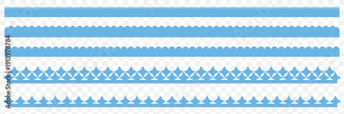 Scalloped edge blue lace border, cute textile frill stripe. scalloped border, frame, pattern isolated. Zigzag edge border, cutout decoration line frame collection. EPS 10.