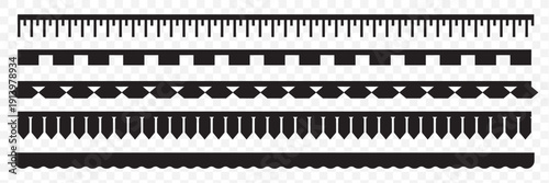Scalloped edge seamless vector set. Simple scalloped border shape. Scalloped border. Texture ribbons illustration isolated on transparent background. EPS 10.
