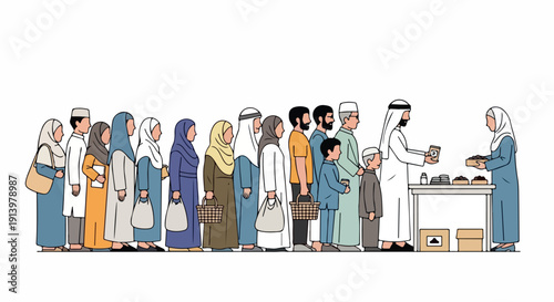 A diverse group of people in traditional Middle Eastern clothing standing in a line waiting to receive food from a table.