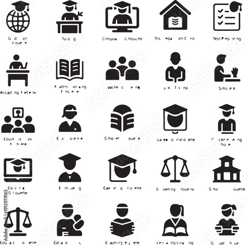 black and white educational icons on white background
