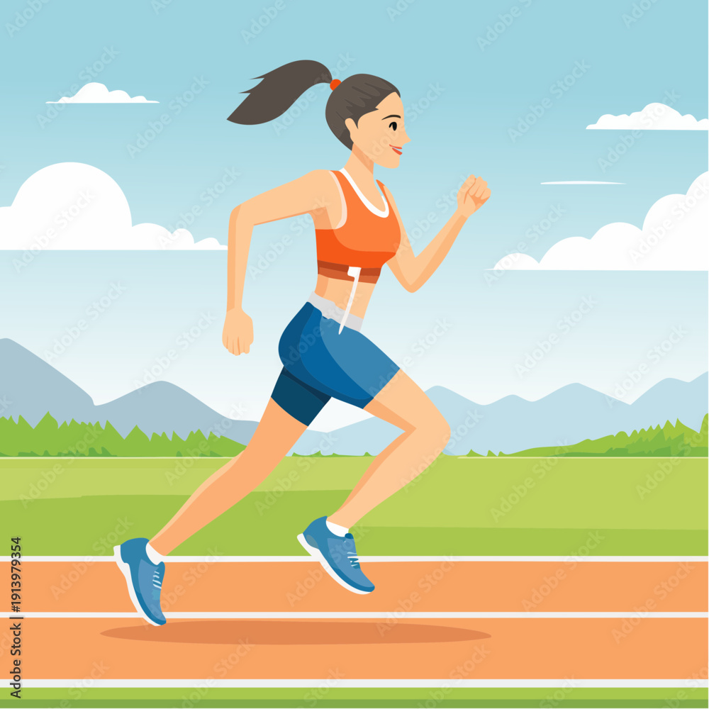 Obraz premium Energetic Young Woman Running Outdoors on a Track, Illustrating a Healthy and Active Lifestyle for Fitness Enthusiasts