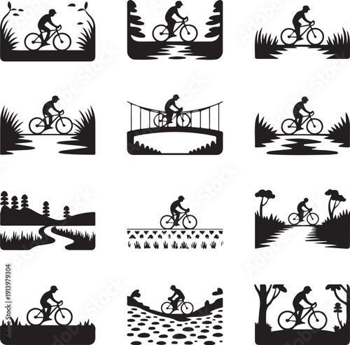black and white illustrations of people riding bicycles in natural landscapes